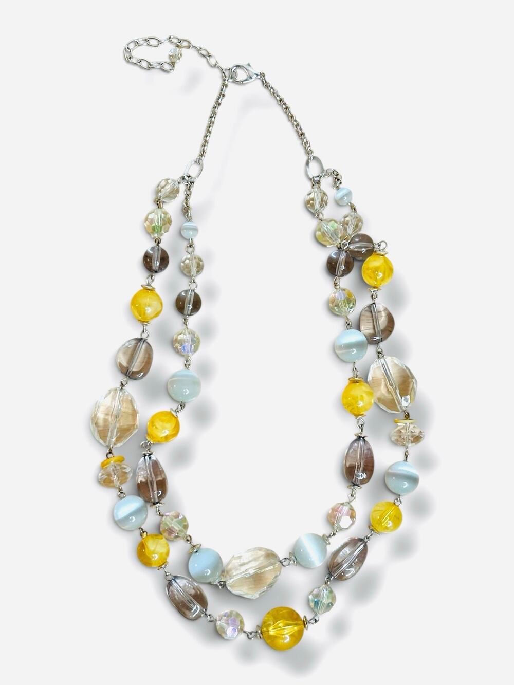 Beaded Layered Statement Necklace Silver Tone Yellow AB Gray Clear Beads